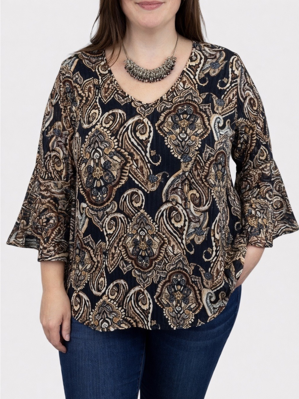 A. BYER Black Gold Paisley Lace Back Blouse Large